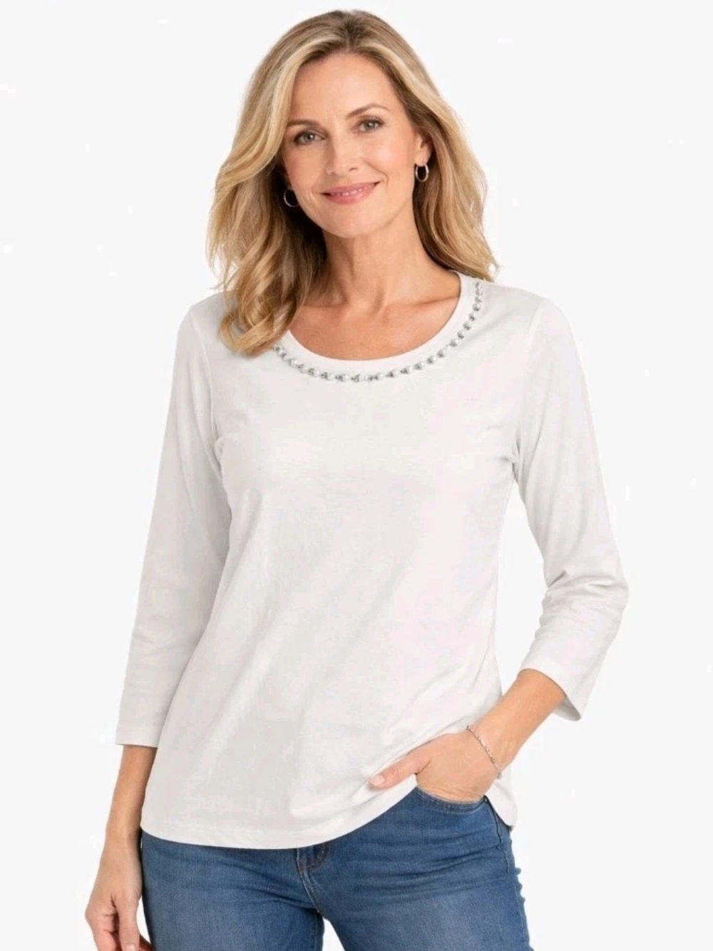 Chicos Long Sleeve T-Shirt Pearl & Crystal Embellishments Womens Size 1 (M 8-10)